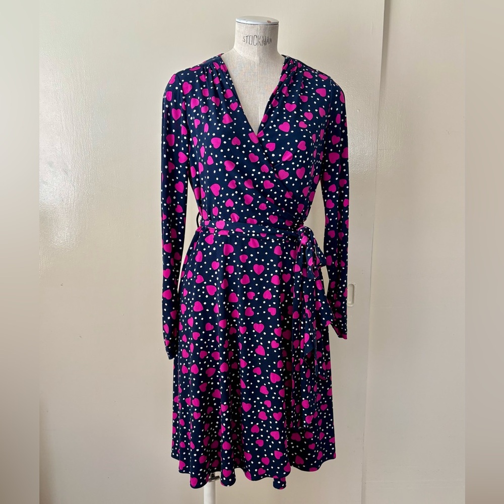 Vintage 1980’s VICKY TIEL Heart Print Wrap Dress Stretch Navy Pink White Size S